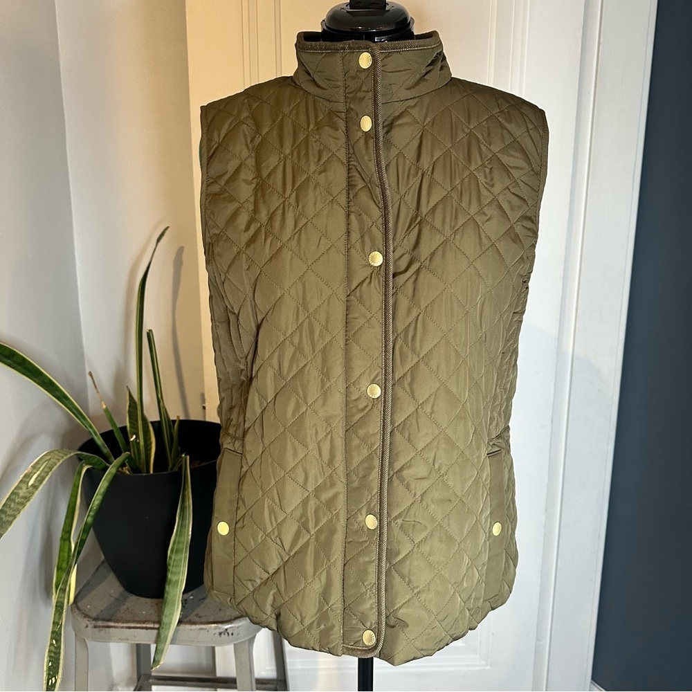 Talbots Olive Quilted Vest with Gold Accents QUILTED FLEECE-LINED VEST